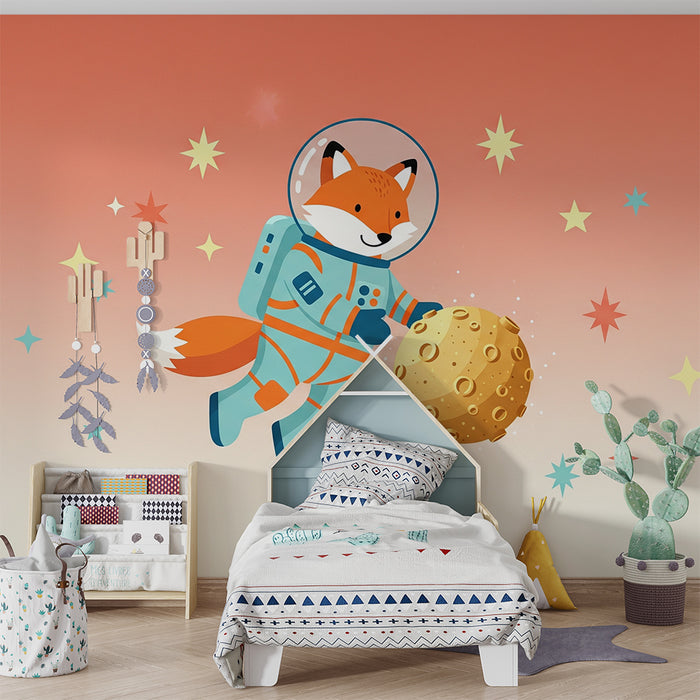 Kinderkamer behang | Vos astronaut die de maan verkent in een sterrenhemel