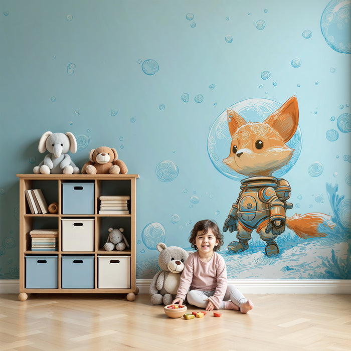Tapet cameră copil | Vulpe astronaut explorând o lume subacvatică