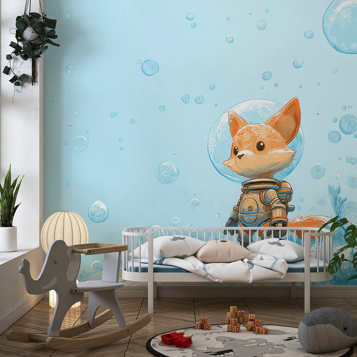 Tapet cameră copil | Vulpe astronaut explorând o lume subacvatică
