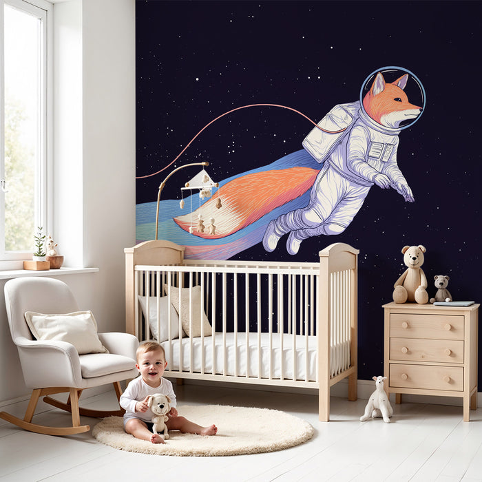 Kinderzimmer Tapete | Fuchs-Astronaut, der im Weltraum mit lebendigen Farben schwebt