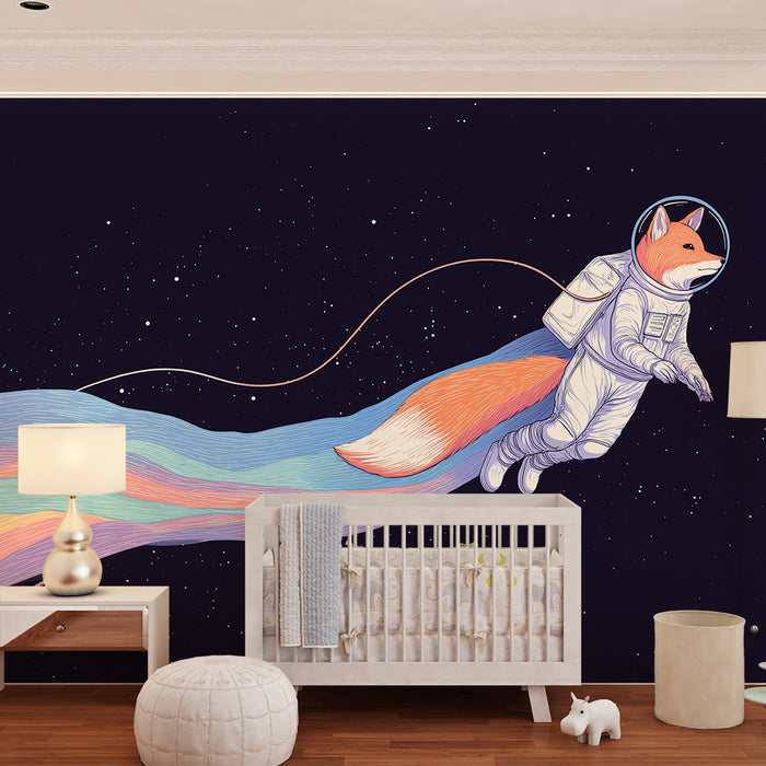 Kinderzimmer Tapete | Fuchs-Astronaut, der im Weltraum mit lebendigen Farben schwebt