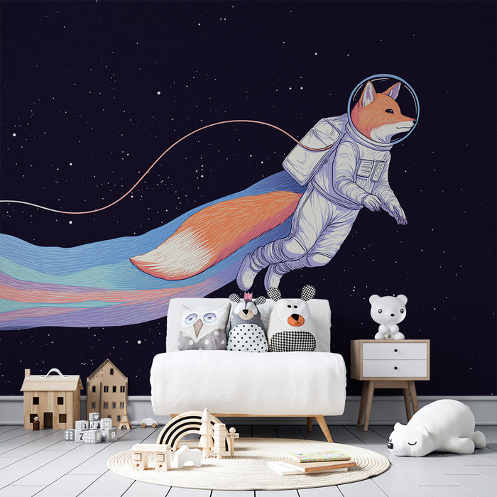 Kinderzimmer Tapete | Fuchs-Astronaut, der im Weltraum mit lebendigen Farben schwebt