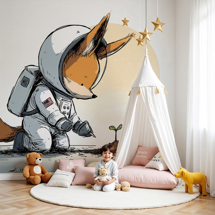 Børneværelse tapet | Ræv-astronaut planter et træ på månen