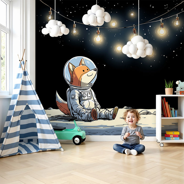 Kinderzimmer Tapete | Fuchs Astronaut unter einem Sternenhimmel