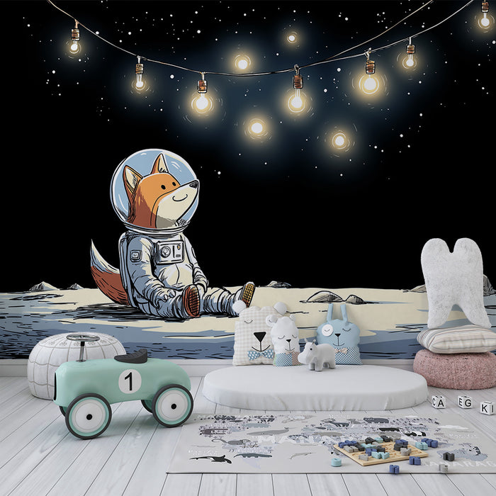 Kinderzimmer Tapete | Fuchs Astronaut unter einem Sternenhimmel