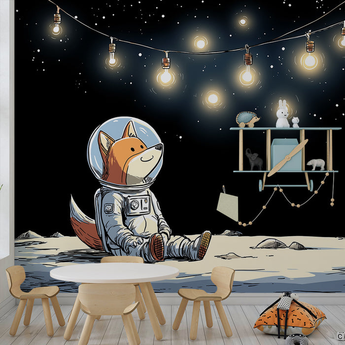 Kinderzimmer Tapete | Fuchs Astronaut unter einem Sternenhimmel