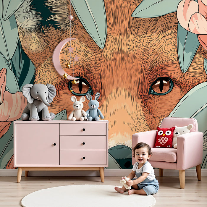 Kinderkamer behang | Vos verborgen tussen bloemen en bladeren