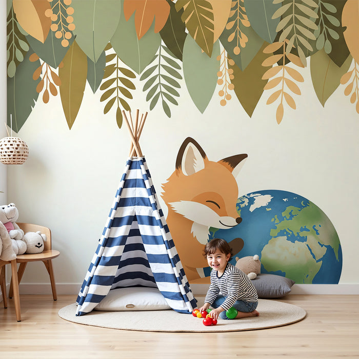 Kinderzimmer Tapete | Kuschelnder Fuchs unter buntem Laub