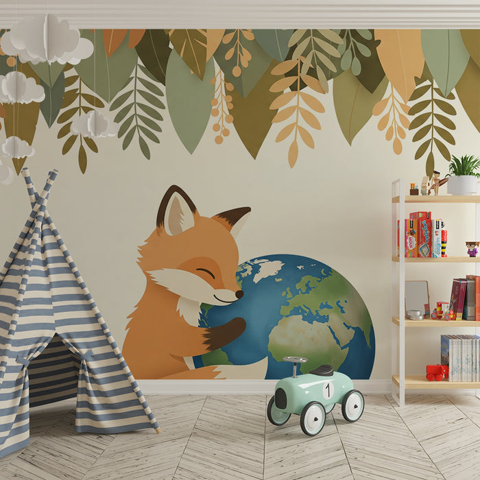 Kinderzimmer Tapete | Kuschelnder Fuchs unter buntem Laub