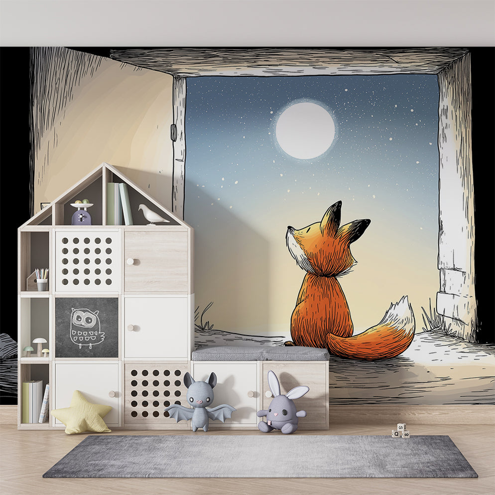 Kids room wallpaper | Contemplative fox under the moon — Kids Wall
