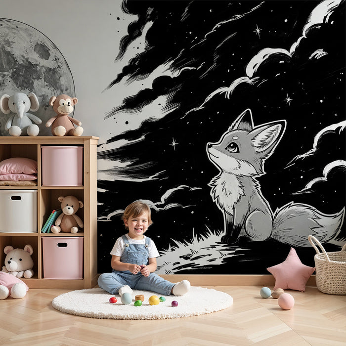 Papel de parede para quarto infantil | Raposa contemplativa sob a lua cheia