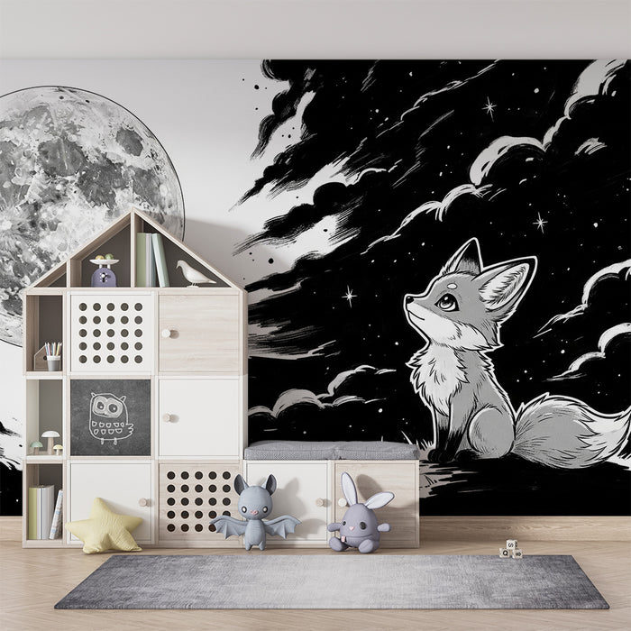 Papel de parede para quarto infantil | Raposa contemplativa sob a lua cheia