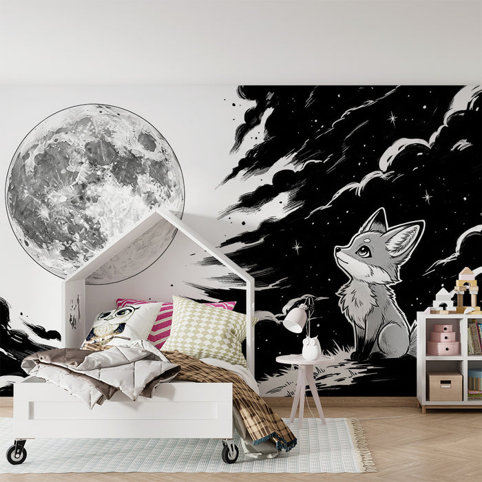 Papel de parede para quarto infantil | Raposa contemplativa sob a lua cheia