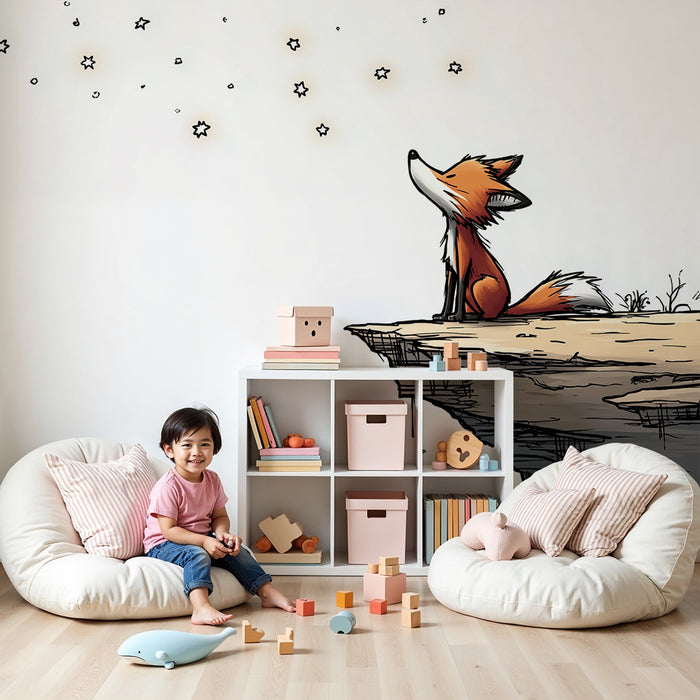 Papier peint chambre enfant | Renard contemplatif sous un ciel étoilé