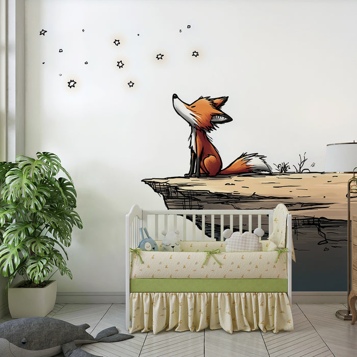 Papier peint chambre enfant | Renard contemplatif sous un ciel étoilé