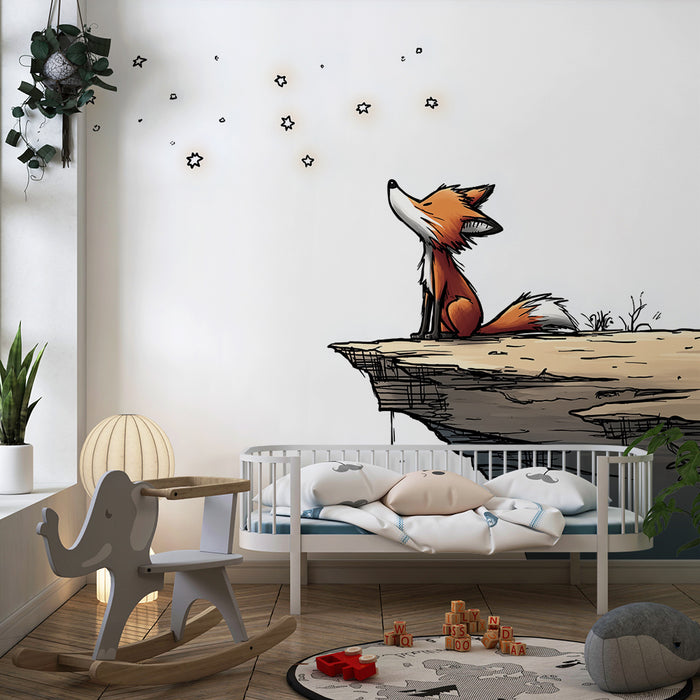 Papier peint chambre enfant | Renard contemplatif sous un ciel étoilé