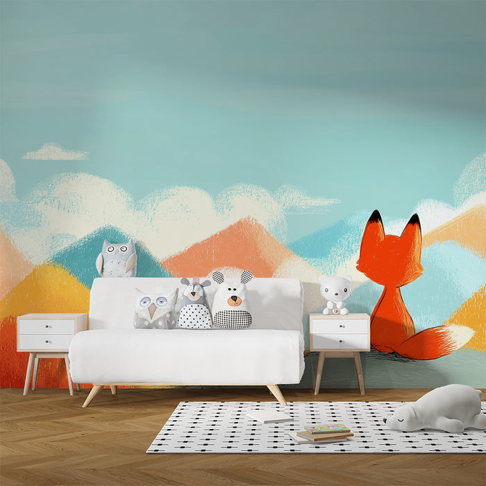 Kids room wallpaper | Mõtlik rebane värvilisel mägismaastikul