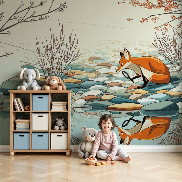 Kinderzimmer Tapete | Neugieriger Fuchs am Wasserufer mit bunten Kieselsteinen