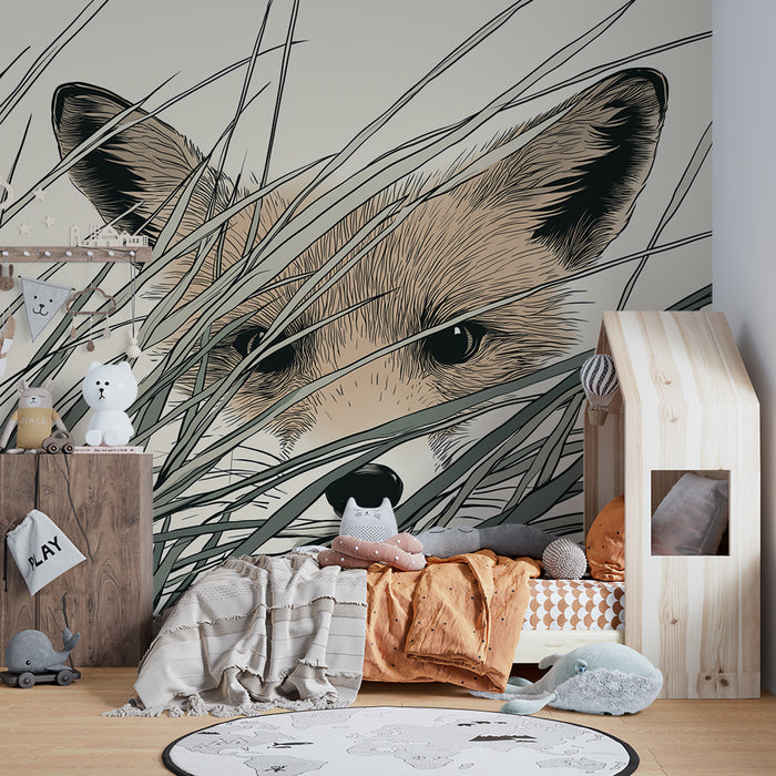Dětská tapeta | Zvědavý lišák skrytý v trávě