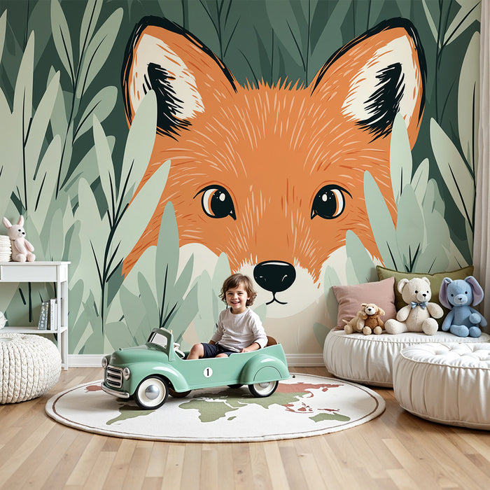 Kids room wallpaper | Curious fox hidden among the foliage