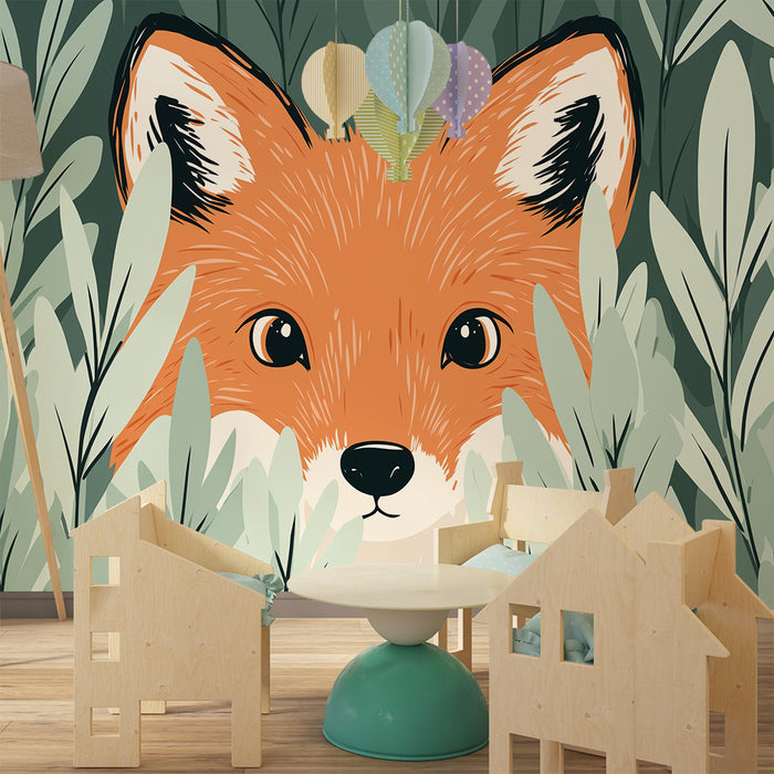 Kids room wallpaper | Curious fox hidden among the foliage