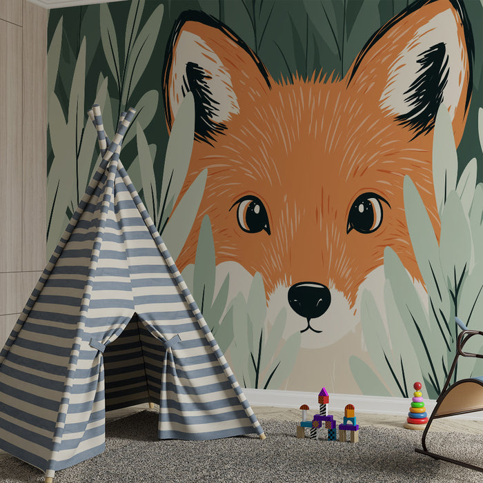 Kids room wallpaper | Curious fox hidden among the foliage