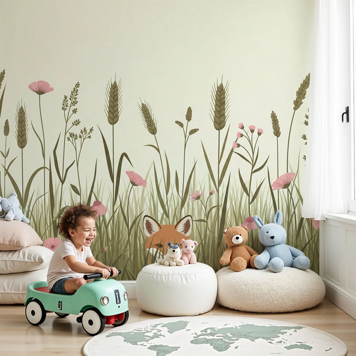 Papier peint chambre enfant | Renard curieux dans un champ fleuri