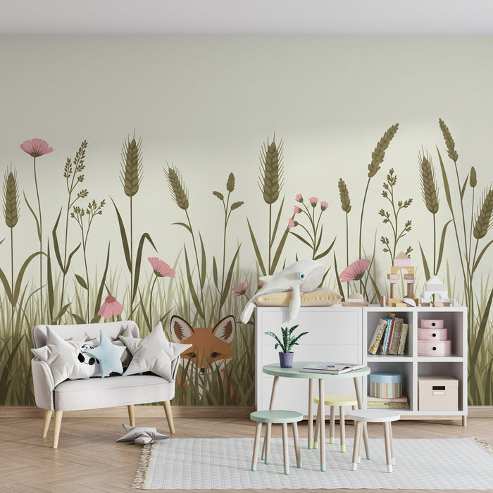 Papier peint chambre enfant | Renard curieux dans un champ fleuri