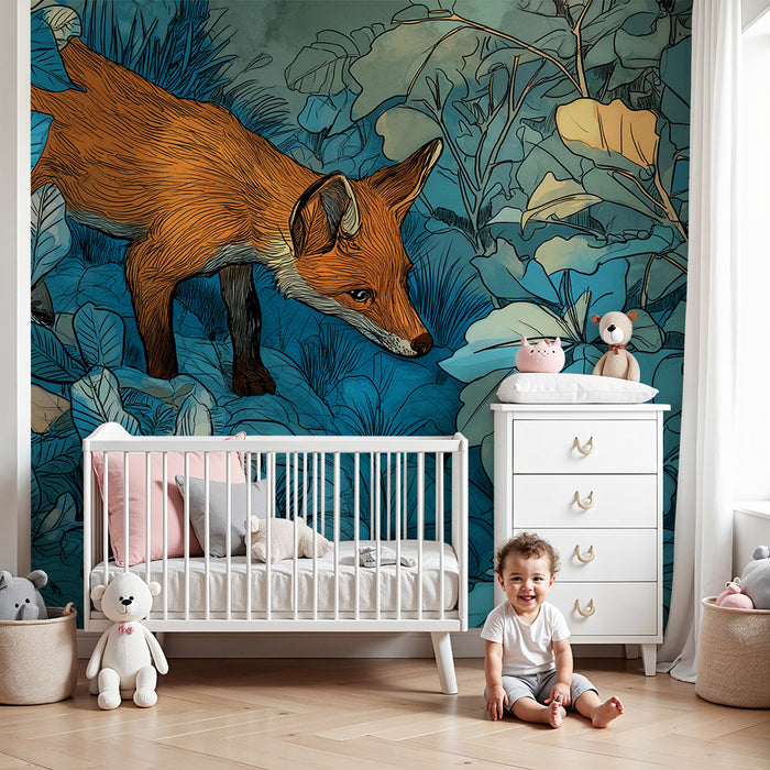 Kids room wallpaper | Curious fox in a colorful forest