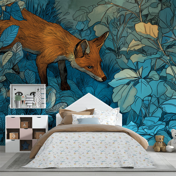 Kids room wallpaper | Curious fox in a colorful forest