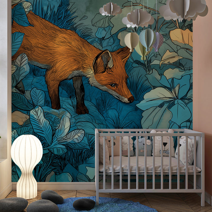 Kids room wallpaper | Curious fox in a colorful forest