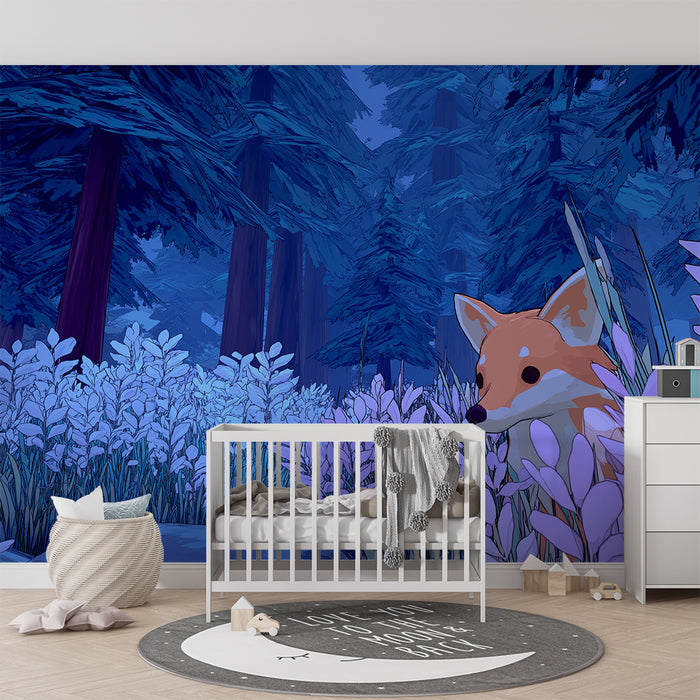 Papel pintado infantil | Zorro curioso en un bosque encantado