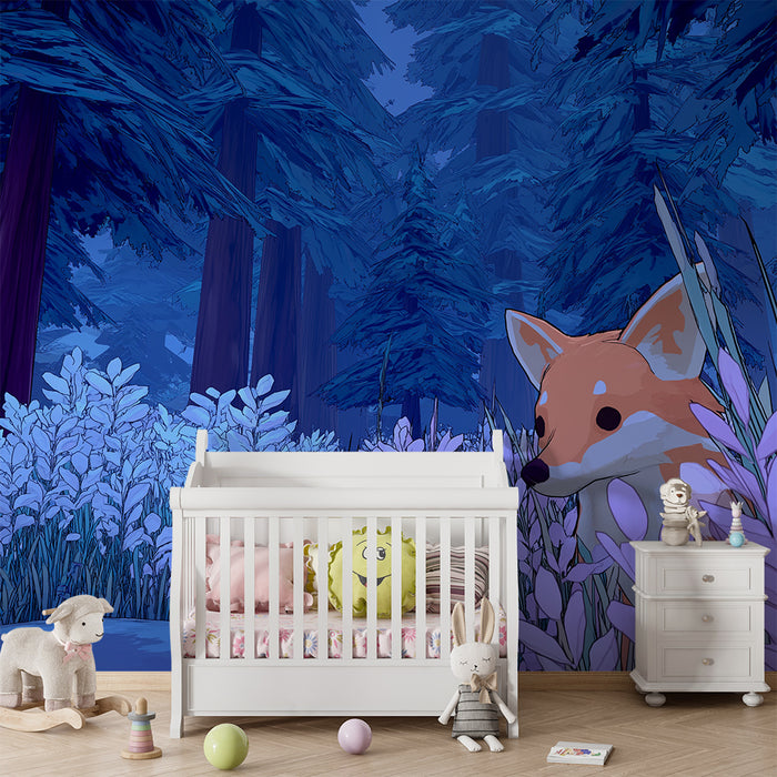 Papel pintado infantil | Zorro curioso en un bosque encantado