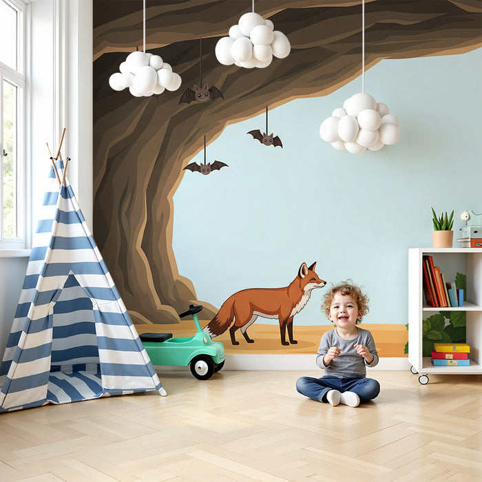 Papel pintado infantil | Zorro curioso en una cueva con murciélagos