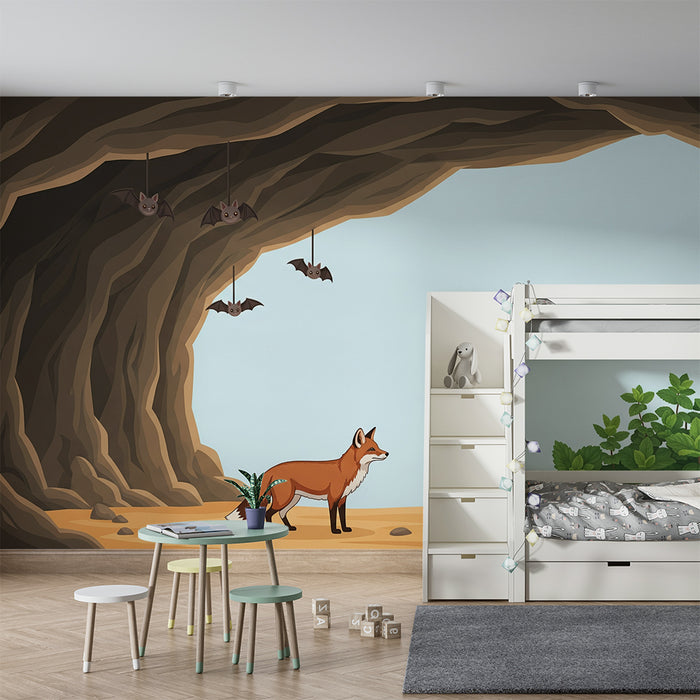 Papel pintado infantil | Zorro curioso en una cueva con murciélagos