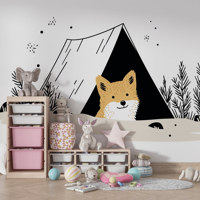 Papier peint chambre enfant | Renard curieux et camping
