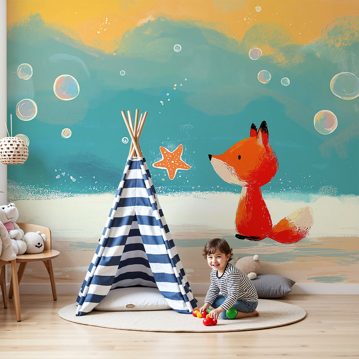 Dětská pokojová tapeta | Zvědavý lišák a hvězdy mořských plžů pod barevnými bublinami
