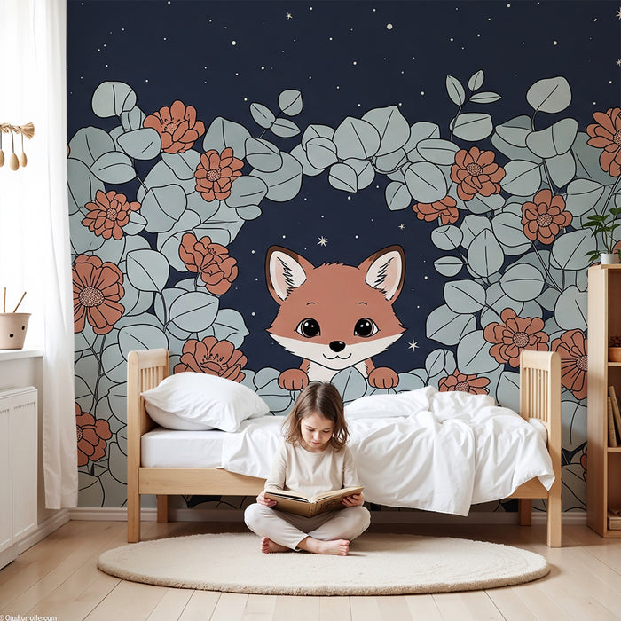 Kids room wallpaper | Curious fox and starry flowers