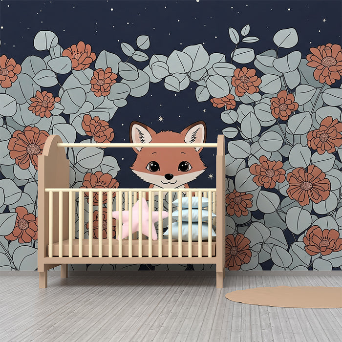 Kids room wallpaper | Curious fox and starry flowers