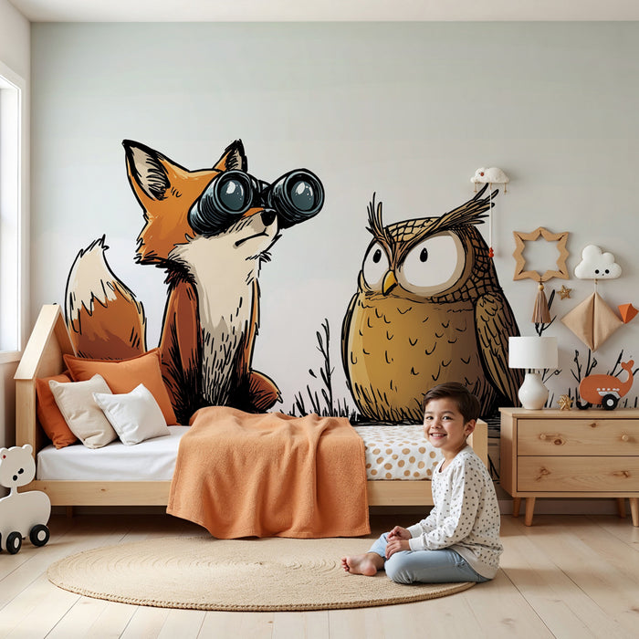 Papier peint chambre enfant | Renard curieux et hibou sage