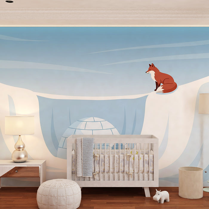Children's Room Wallpaper | Curious Fox and Igloo in a Winter Scene