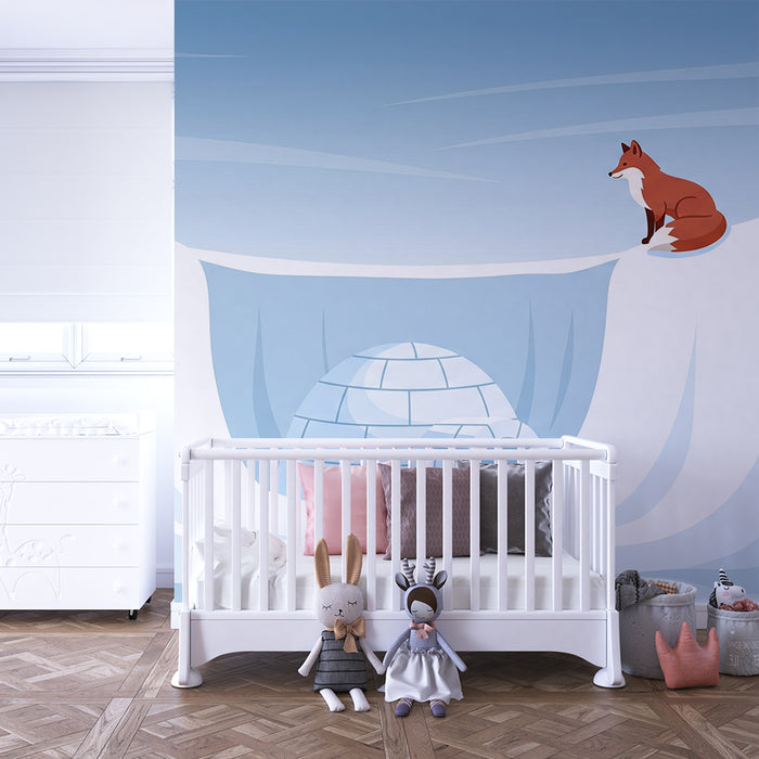 Children's Room Wallpaper | Curious Fox and Igloo in a Winter Scene