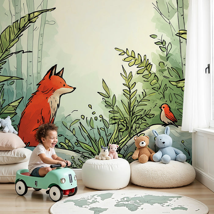 Papel pintado infantil | Zorro curioso y pájaro en una jungla verde