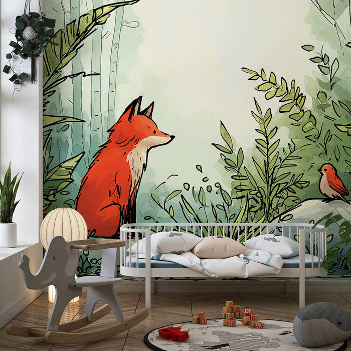 Papel pintado infantil | Zorro curioso y pájaro en una jungla verde