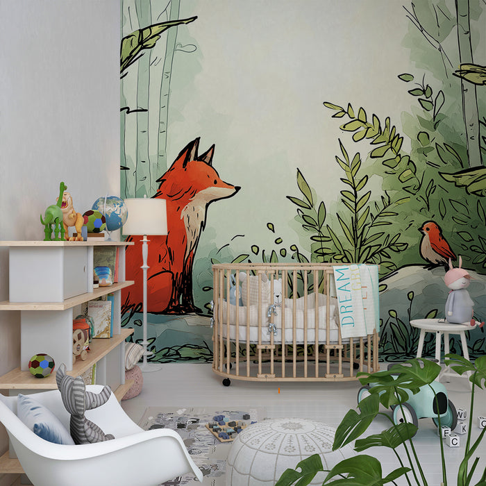Papel pintado infantil | Zorro curioso y pájaro en una jungla verde