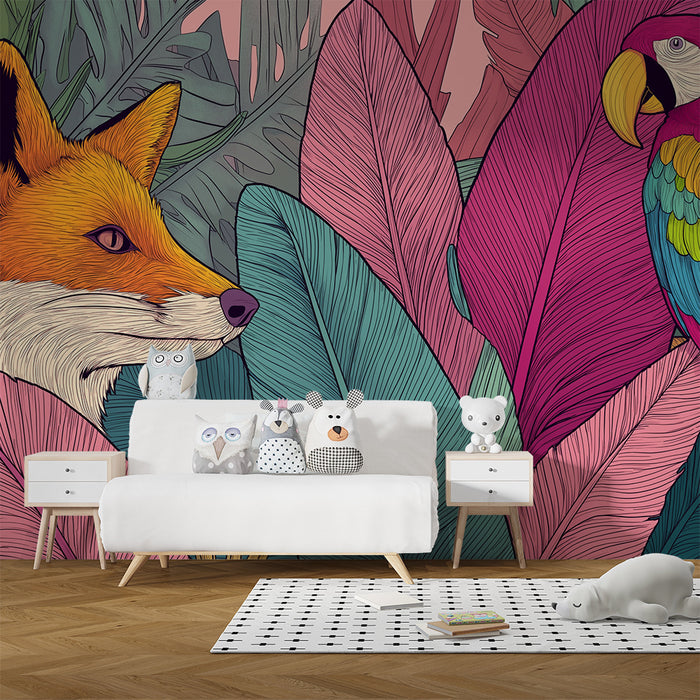 Lastenhuoneen tapetti | Utelias kettu ja värikäs papukaija keskellä viidakkoa