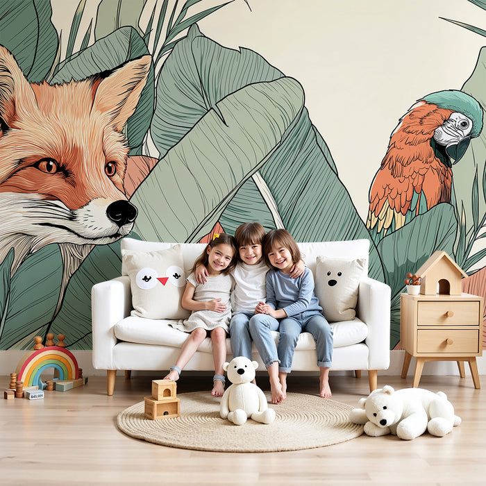 Kids room wallpaper | Uudishimulik rebane ja värvikas papagoi luksuslikus džunglis