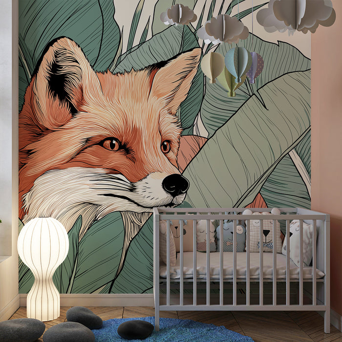 Kids room wallpaper | Uudishimulik rebane ja värvikas papagoi luksuslikus džunglis