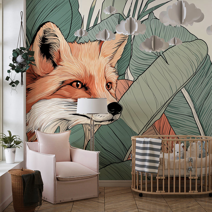 Kids room wallpaper | Uudishimulik rebane ja värvikas papagoi luksuslikus džunglis