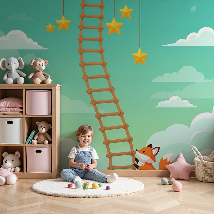Papel pintado infantil | Zorro curioso trepando una escalera hacia las estrellas